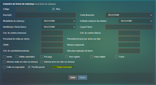 Adicionada flag para cartão recorrente na forma de cobrança