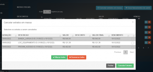 Botão cancelar extratos em massa, e modal de seleção de extratos a ser excluídos