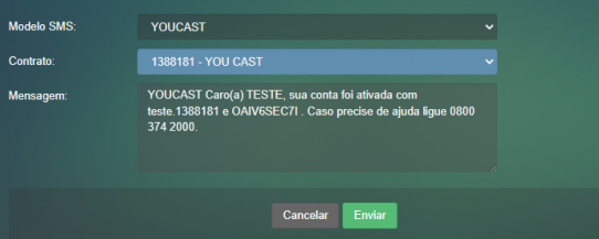 Envio de modelo de SMS com informações de acesso do Youcast