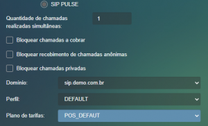 Campos domínio, perfil e plano de tarifas em plano Sip Pulse.