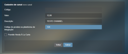 Campo de inserção de código de produto, em cadastrar/editar canal de TV.