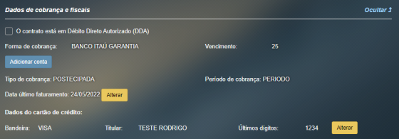 Informações de Cartão Recorrente na Tela do Contrato