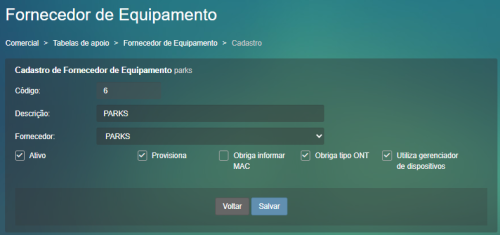Cadastro fornecedor de equipamento